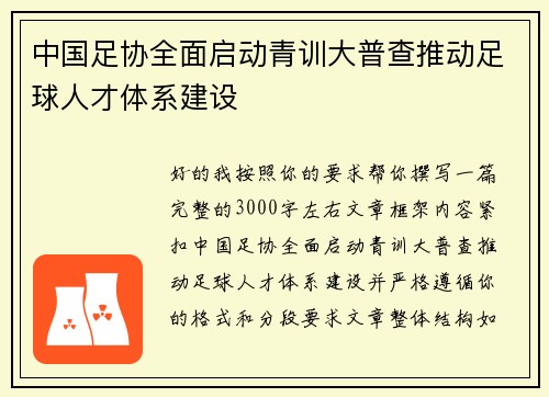 中国足协全面启动青训大普查推动足球人才体系建设